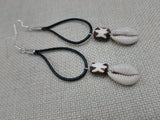 Women Earrings Long Dangle Black Leather Brown Bead Cowrie Jewelry
