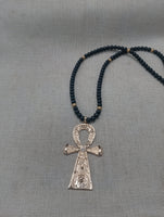 Gold Ankh Men Necklace Large Pendant Beaded Jewelry  Black