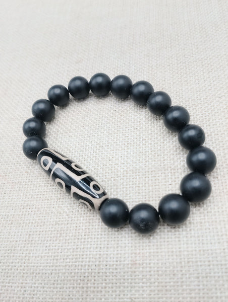 Men Jewelry Bracelets Black Agate Stone Ethnic Statement Beaded 8 inch