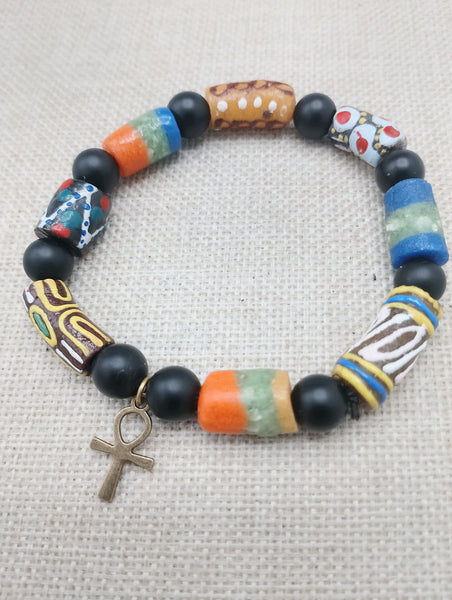 Men Bracelets African Jewelry Beaded Ankh Stretch Handmade Size 8