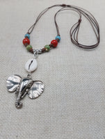 Silver Elephant Pendant Colorful Dangle Necklace Red Blue Green Cowrie Adjustable Women Jewelry
