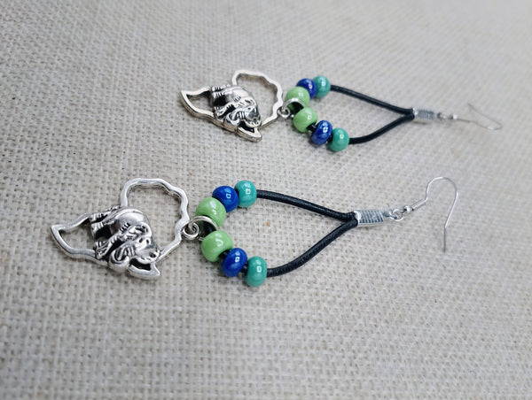 Silver Africa Earrings Leather Dangle Beaded Women Jewelry Black Green Blue
