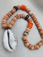 Large Cowrie Shell Necklace Men Jewelry Beaded Orange Wood Brown Gift Handmade