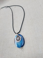 Blue Agate Stone Necklace Women Silver Pendant Black Cord Jewelry