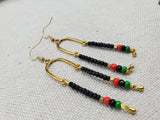 Afrocentric Earrings Pan African Jewelry Gold Tone Beaded Dangle  Red Black Green Women