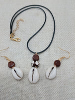 Cowrie Set Jewelry Beaded Wood black Cord Earrings Necklace Women Gift Idea Handmade