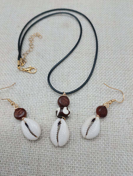 Cowrie Set Jewelry Beaded Wood black Cord Earrings Necklace Women Gift Idea Handmade