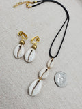 Women Jewelry Set Cowrie Necklace Clip On Earrings Gold Non Pierced Dangle Gift Set Birthday