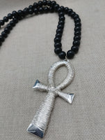 Silver Ankh Wire Wrapped Large Men Necklace Jewelry Black Beaded Statement