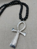 Silver Ankh Wire Wrapped Large Men Necklace Jewelry Black Beaded Statement