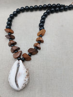 Men Necklace Large Cowrie Shell Beaded Black Wooden Jewelry Ethnic Handmade Statement