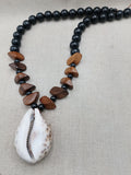 Men Necklace Large Cowrie Shell Beaded Black Wooden Jewelry Ethnic Handmade Statement
