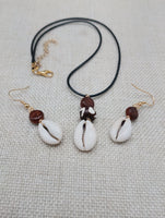 Cowrie Set Jewelry Beaded Wood black Cord Earrings Necklace Women Gift Idea Handmade