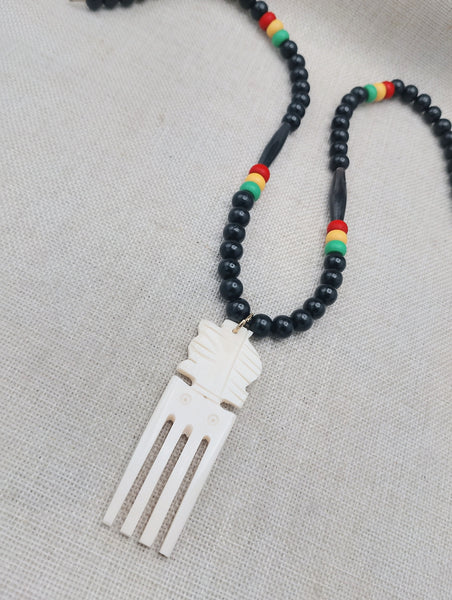 Men's African Necklace Rasta Ghana Beaded Jewelry Duafe Adinkra Black Handmade