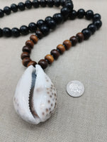 African Cowrie Shell Pendant Black Brown Beaded Jewelry Men Ethnic Gift Ideas