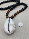 African Cowrie Shell Pendant Black Brown Beaded Jewelry Men Ethnic Gift Ideas