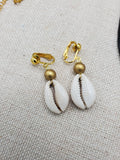Women Jewelry Set Cowrie Necklace Clip On Earrings Gold Non Pierced Dangle Gift Set Birthday
