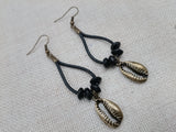 Women Boho Earrings Ethnic Jewelry Black Antique Gold Leather Dangle
