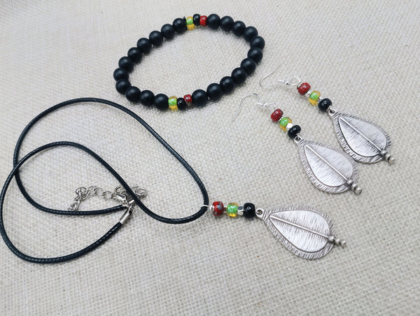 Women Jewelry Set Pan African Earrings Necklace Bracelet Silver Red Black Green Ethnic