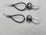 Women Earrings Black Leather Dangle Cowrie Beaded Jewelry Handmade