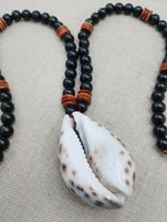Men Necklace Cowrie Shell Jewelry Black Brown Wood Beaded Ethnic Handmade