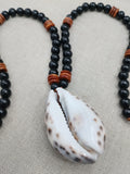 Men Necklace Cowrie Shell Jewelry Black Brown Wood Beaded Ethnic Handmade