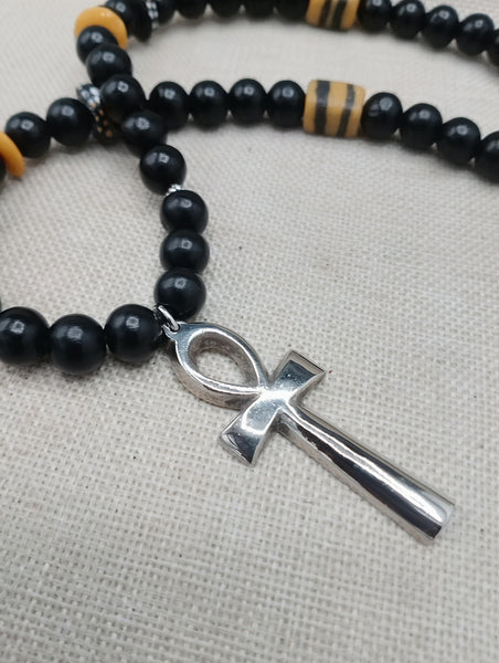 Silver Ankh Necklace Egyptian Black Yellow Beaded Ankhs Pendant Men Gift Ideas