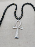 Silver Ankh Pendant Necklace Beaded Black Yellow Green Jamaica Inspired Egyptian Statement