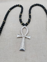 Silver Ankh Pendant Necklace Beaded Black Yellow Green Jamaica Inspired Egyptian Statement