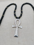 Silver Ankh Pendant Necklace Beaded Black Yellow Green Jamaica Inspired Egyptian Statement