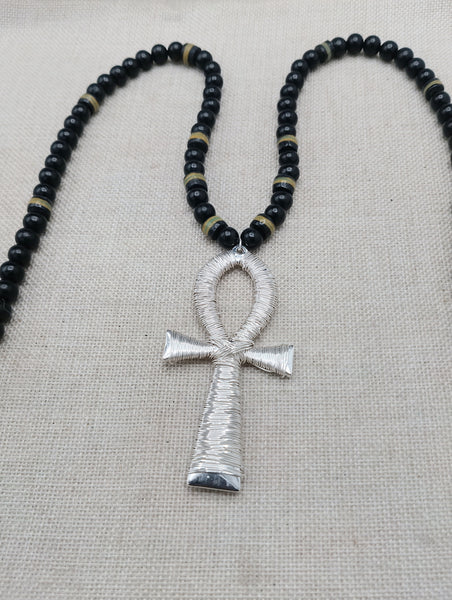Silver Ankh Pendant Necklace Beaded Black Yellow Green Jamaica Inspired Egyptian Statement