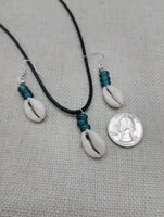 Cowrie Shell Jewelry Set Necklace Earrings Glass Teal Beaded Black Cord Women