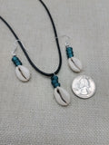 Cowrie Shell Jewelry Set Necklace Earrings Glass Teal Beaded Black Cord Women