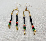 Afrocentric Earrings Pan African Jewelry Gold Tone Beaded Dangle  Red Black Green Women