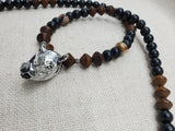 Antique Silver Rhino Pendant Necklace Beaded Black Brown Men Jewelry