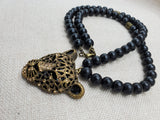Men Necklace Panther Cheetah Beaded Jewelry Black Antique Gold Gift Idea
