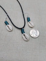 Cowrie Shell Jewelry Set Necklace Earrings Glass Teal Beaded Black Cord Women