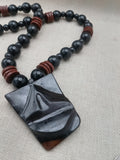 African Wooden Necklace Lips Black Brown Carved Beaded Jewelry Men Gift Ideas