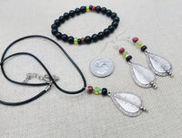 Women Jewelry Set Pan African Earrings Necklace Bracelet Silver Red Black Green Ethnic