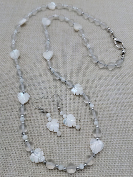Mother of Pearl Necklace  Women Jewelry Set Lucite Beads Long Silver White Wedding Gift Idea