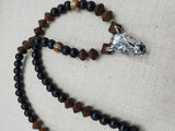 Antique Silver Rhino Pendant Necklace Beaded Black Brown Men Jewelry