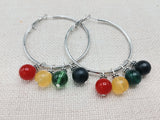 Women Silver Hoop Earrings Round Rasta Beaded Jewelry Red Yellow Green Black