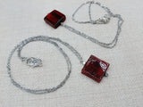 Women Necklace Long Stainless Steel Chain Amber Red Glass Square Jewelry