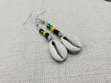 Small Women Jamaica Earrings Green Yellow Black Beaded Dangle Cowrie Jewelry