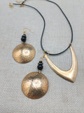 Women Jewelry Set Hammered Round Earrings Beaded V Shape Minimalist Bohemian Brass Gold Tone Necklace