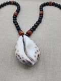 Men Necklace Cowrie Shell Jewelry Black Brown Wood Beaded Ethnic Handmade