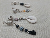 Dreadlocks Hair Accessories Jewelry Cowrie Stone Beaded Silver Twist Braids Locs Set of 4