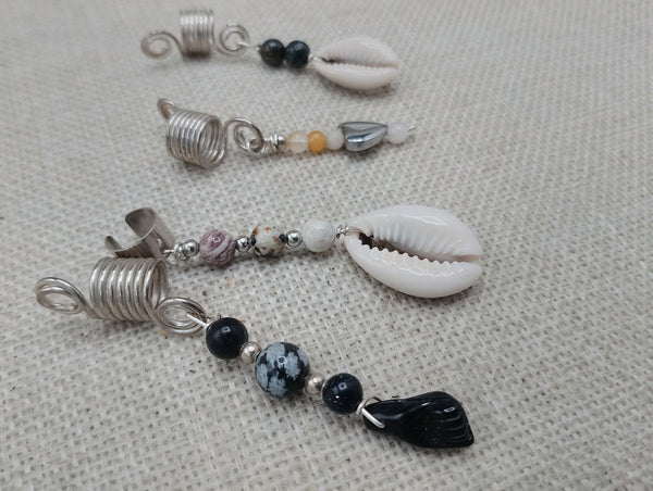 Dreadlocks Hair Accessories Jewelry Cowrie Stone Beaded Silver Twist Braids Locs Set of 4