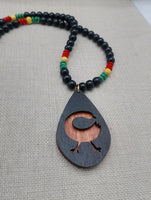 African Adinkra Sankofa Bird Necklace Women Men Wooden Beaded Black Red Yellow Green