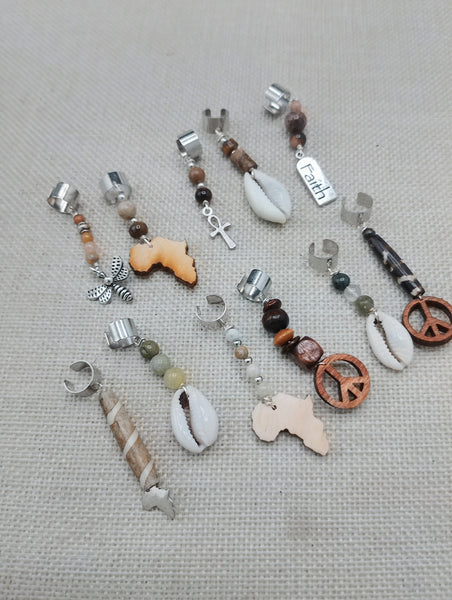 Locs Hair Jewelry Set of 11 Cowrie African Peace Ankh  Natural Stone Accessories Braids Twist Dreads Unisex
